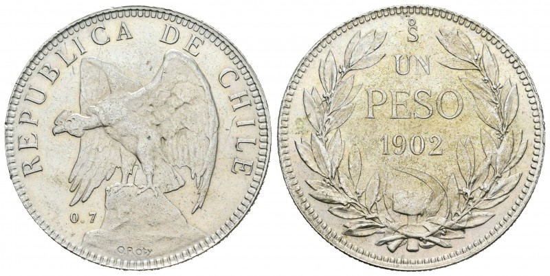Chile. 1 peso. 1902. Santiago. (Km-152.2). Ag. 19,78 g. Restos de brillo origina...