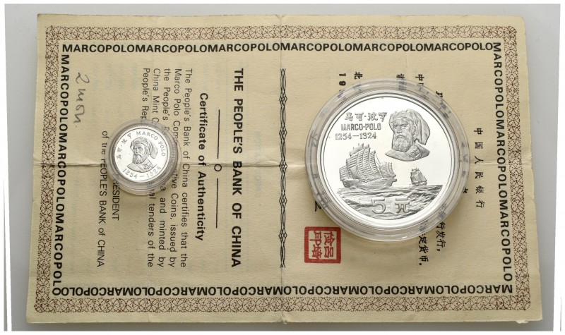 China. 1983. Ag. Lote de 2 monedas 5 yuan y 5 jiao, en cartera original con cert...