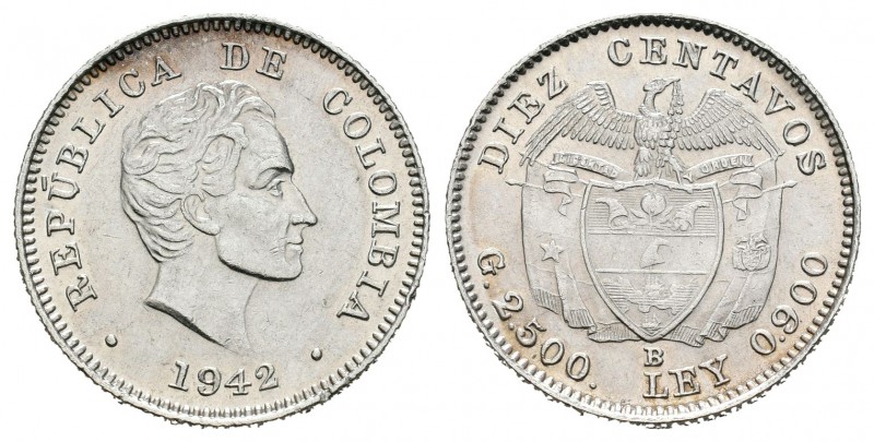 Colombia. 10 centavos. 1942. Bogotá. B. (Km-196.1). Ag. 2,49 g. Con B en reverso...