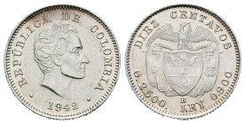 Colombia. 10 centavos. 1942. Bogotá. B. (Km-196.1). Ag. 2,49 g. Con B en reverso. EBC+. Est...25,00.