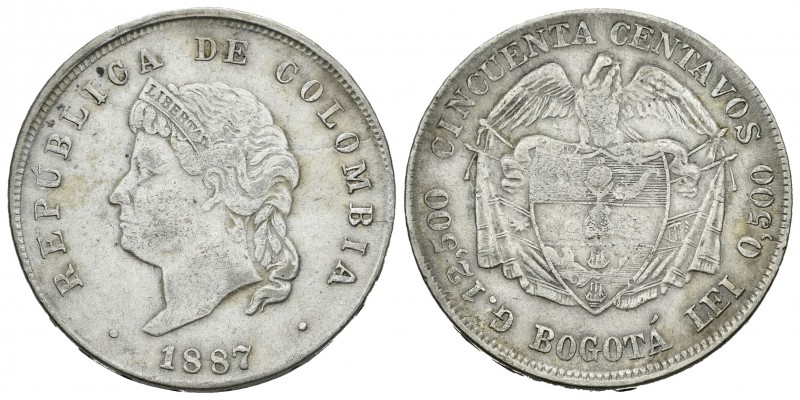 Colombia. 50 centavos 'Cocobola head'. 1887. Bogotá. (Km-185). Ag. 12,63 g. Lige...