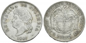 Colombia. 50 centavos 'Cocobola head'. 1887. Bogotá. (Km-185). Ag. 12,63 g. Ligeramente limpada. Muy rara. MBC+. Est...180,00.