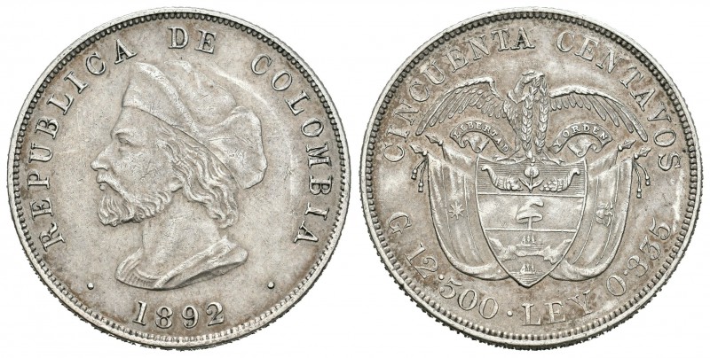 Colombia. 50 centavos. 1892. (Km-187.2). Ag. 12,49 g. 4º Centenario del descubri...