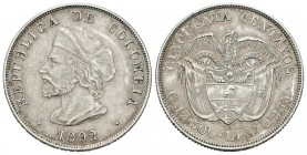 Colombia. 50 centavos. 1892. (Km-187.2). Ag. 12,49 g. 4º Centenario del descubrimiento de América. EBC-. Est...30,00.