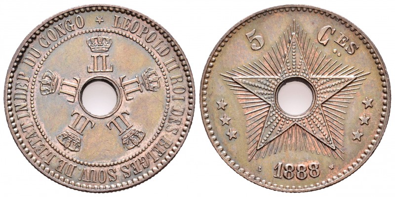 Congo Belga. Leopold II. 5 centimes. 1888/7. (Km-3). Ae. 10,09 g. EBC. Est...35,...