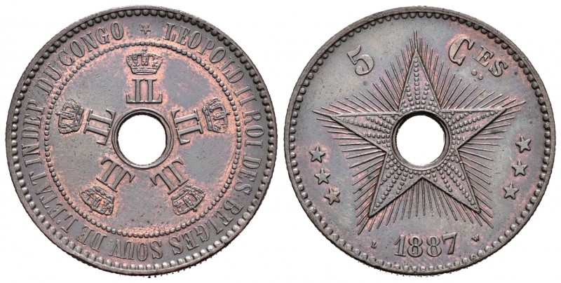 Congo Belga. Leopold II. 5 centimes. 1887. (Km-3). Ae. 10,10 g. EBC. Est...60,00...