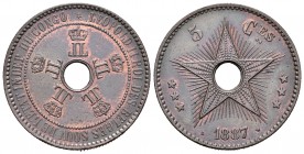 Congo Belga. Leopold II. 5 centimes. 1887. (Km-3). Ae. 10,10 g. EBC. Est...60,00.