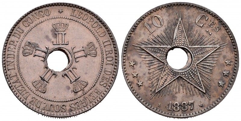 Congo Belga. Leopold II. 10 centimes. 1887. (Km-4). Ae. 19,85 g. Agujero central...
