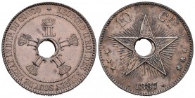 Congo Belga. Leopold II. 10 centimes. 1887. (Km-4). Ae. 19,85 g. Agujero central ligeramente desplazado. EBC. Est...90,00.