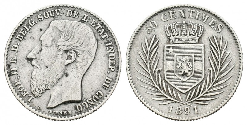 Congo Belga. Leopold II. 50 centimes. 1891. (Km-50). Ag. 2,47 g. MBC-/MBC. Est.....