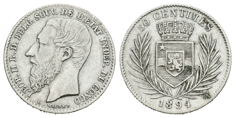 Congo Belga. Leopold II. 50 centimes. 1894. (Km-5). Ag. 2,45 g. Escasa. MBC. Est...