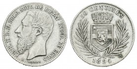 Congo Belga. Leopold II. 50 centimes. 1894. (Km-5). Ag. 2,45 g. Escasa. MBC. Est...40,00.
