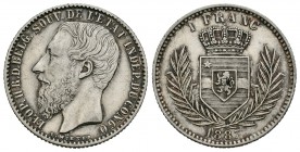 Congo Belga. Leopold II. 1 franco. 1887. (Km-6). Ag. 4,96 g. MBC+. Est...50,00.