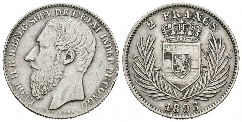 Congo Belga. Leopold II. 2 francos. 1898. (Km-7). Ag. 9,87 g. Golpecito en el ca...