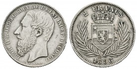 Congo Belga. Leopold II. 2 francos. 1898. (Km-7). Ag. 9,87 g. Golpecito en el canto. MBC/MBC+. Est...75,00.