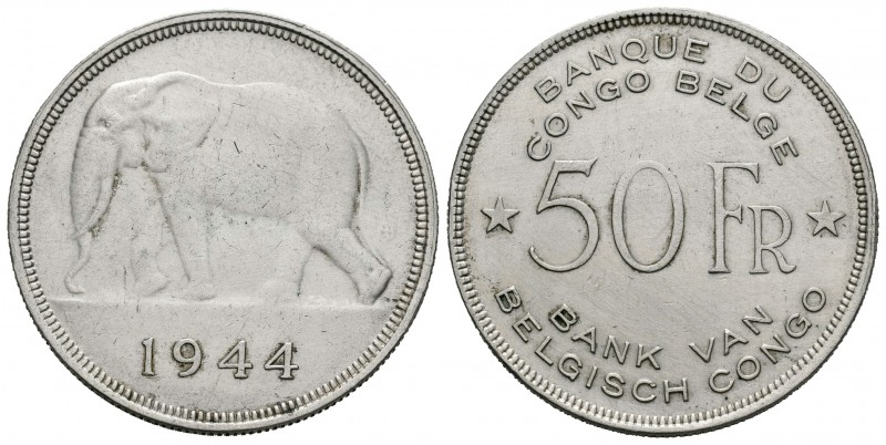 Congo Belga. 50 francos. 1944. (Km-27). Ag. 17,39 g. Limpiada. MBC+. Est...50,00...