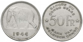 Congo Belga. 50 francos. 1944. (Km-27). Ag. 17,39 g. Limpiada. MBC+. Est...50,00.