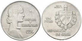 Cuba. 1 peso. 1936. (Km-22). Ag. 26,69 g. Ligeramente limpiada. EBC. Est...70,00.