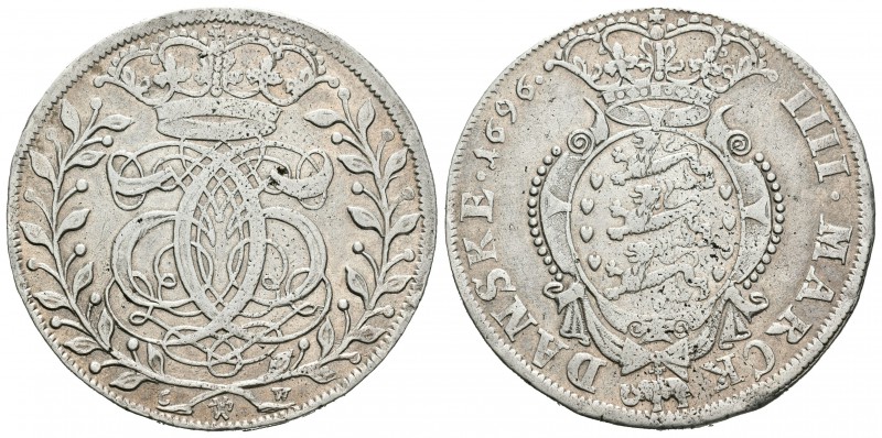 Dinamarca. Christian V. Krone (4 marcos). 1696. (Dav-3678). Ag. 21,86 g. Ligera ...