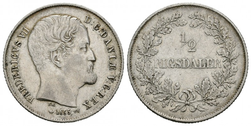 Dinamarca. Frederik VII. 1/2 rigsdaler. 1855. (Km-759). Ag. 7,21 g. MBC+. Est......