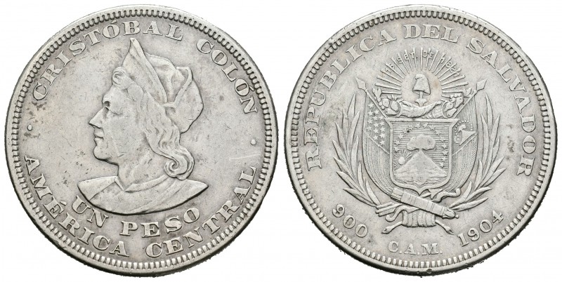 El Salvador. 1 peso. 1904. (Km-115.1). Ag. 24,83 g. Colón. MBC-. Est...25,00.