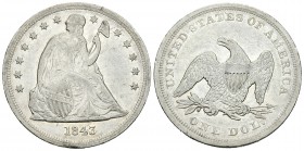 Estados Unidos. Seated Dollar. 1843. (Km-71). Ag. 26,72 g. Leves golpecitos en el canto. MBC+. Est...300,00.