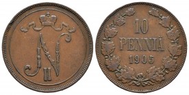 Finlandia. Nicholas II. 10 pennia. 1905. (Km-14). Ag. 12,69 g. Golpecitos en el cano. MBC. Est...75,00.