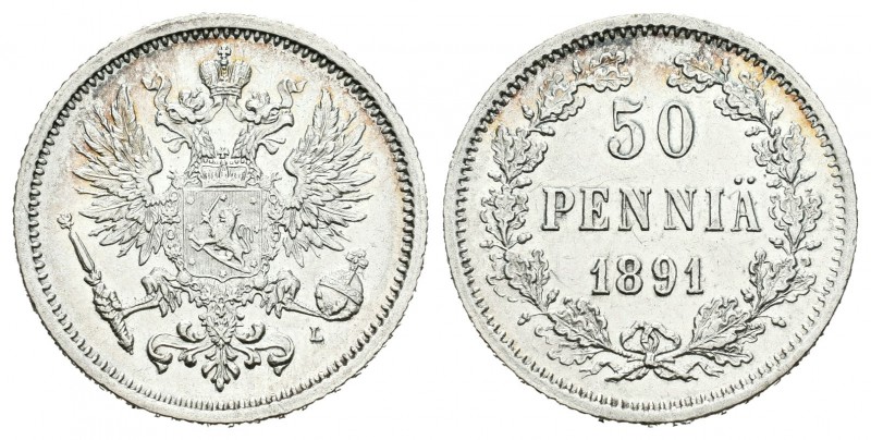 Finlandia. Alexander III. 50 pennia. 1891. Helsinki. L. (Km-2.2). Ag. 2,52 g. Re...
