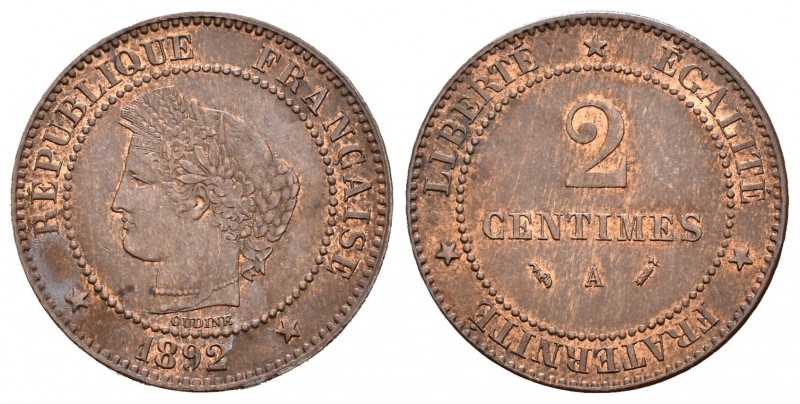 Francia. 2 centimes. 1892. París. A. (Km-827.1). Ae. 1,99 g. EBC-. Est...25,00.