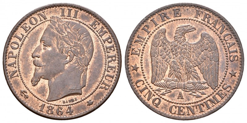 Francia. Napoleón III. 5 centimes. 1864. París. A. (Km-797.1). (Gad-155). Ae. 5,...