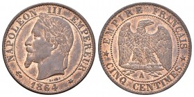 Francia. Napoleón III. 5 centimes. 1864. París. A. (Km-797.1). (Gad-155). Ae. 5,01 g. EBC. Est...90,00.