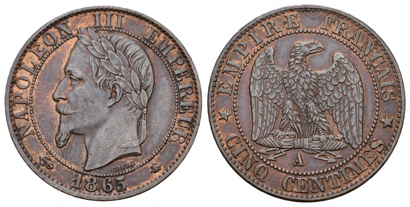 Francia . Napoleón III. 5 centimes. 1865. París. A. (Km-797.1). Ae. 4,92 g. Esca...