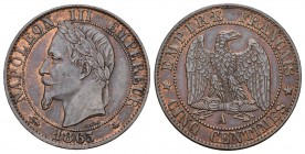 Francia . Napoleón III. 5 centimes. 1865. París. A. (Km-797.1). Ae. 4,92 g. Escasa. EBC-. Est...60,00.
