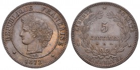 Francia. 5 centimes. 1872. París. A. (Km-821.1). Ae. 5,01 g. EBC. Est...50,00.