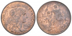 Francia. III República. 5 centimes. 1899. (Km-842). (LF-119/7). Ae. 4,95 g. Restos de brillo original. EBC+. Est...35,00.