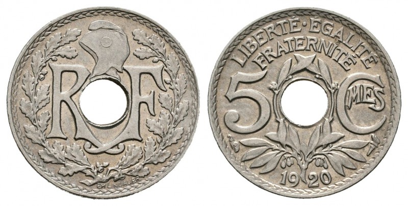 Francia. 5 centimes. 1920. (Km-875). (LF-122/2). Cu-Ni. 2,01 g. Escasa. SC. Est....