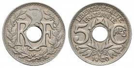 Francia. 5 centimes. 1920. (Km-875). (LF-122/2). Cu-Ni. 2,01 g. Escasa. SC. Est...100,00.