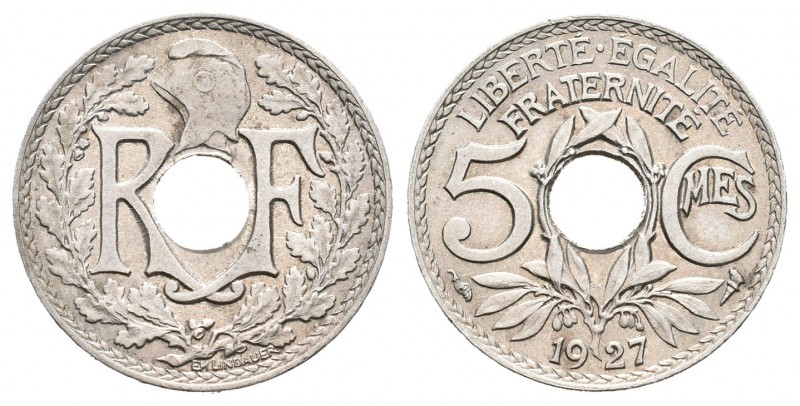 Francia. 5 centimes. 1927. (Km-875). (LF-122/12). Cu-Ni. 1,98 g. Escasa. SC-. Es...