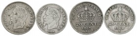 Francia. Lote de 2 monedas francesas de 20 céntimos de Napoleón III (1864, 1867), acuñadas en París. A EXAMINAR. MBC-/MBC. Est...15,00.