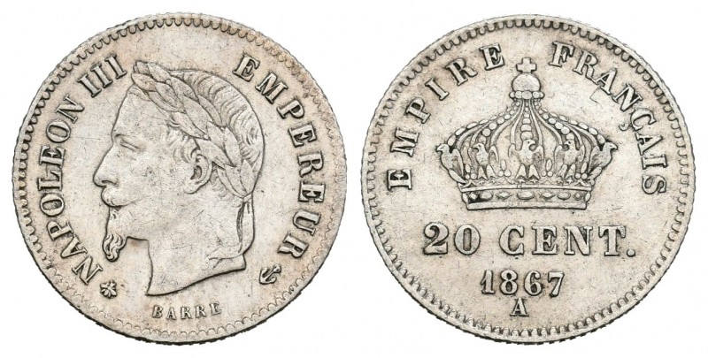 Francia. Napoleón III. 20 centimes. 1867. París. A. (Km-808.1). (Gad-309). Ag. 0...