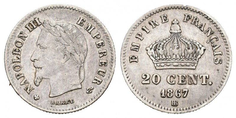 Francia. Napoleón III. 20 céntimos. 1867. Strasbourg. BB. (Km-808.2). (Gad-309)....