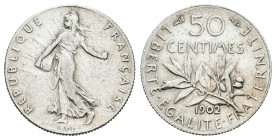 Francia. III República. 50 centimes. 1902. (Km-854). (Gad-420). (LF-190-9). Ag. 2,50 g. Escasa. EBC-. Est...50,00.