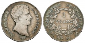 Francia. Napoleón Bonaparte. 1 franco. AN 14. París. A. (Km-622.1). (Gad-443). Ag. 4,97 g. Pátina. MBC+. Est...250,00.