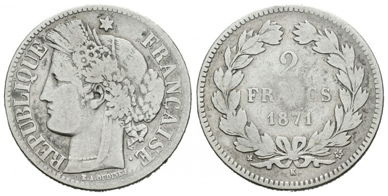 Francia. 2 francos. 1871. Burdeos. K. (Km-816.2). (Gad-530). Ag. 9,49 g. Escasa....
