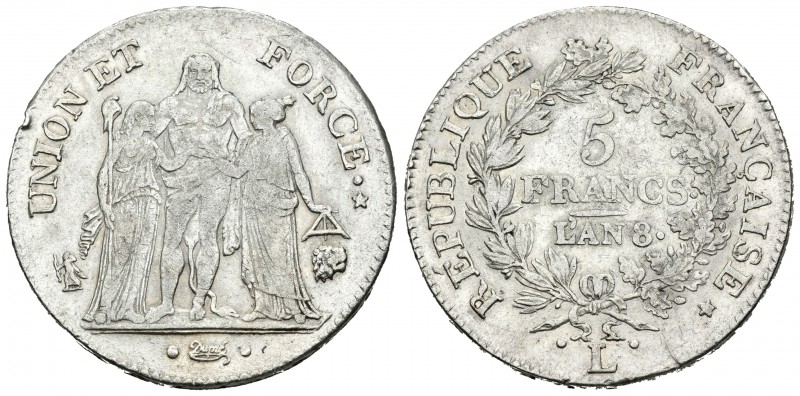 Francia. República. 5 francos . L`An 8. Bayonne. L. (Km-639). (Gad-563a). Ag. 24...