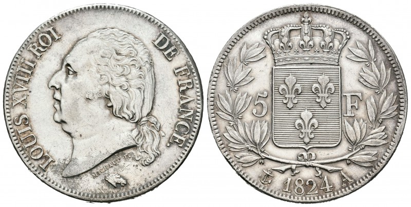 Francia. Louis XVIII. 5 francos. 1824. París. A. (Km-711.1). (Gad-614). Ag. 25,0...