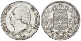 Francia. Louis XVIII. 5 francos. 1824. París. A. (Km-711.1). (Gad-614). Ag. 25,04 g. Leves oxidaciones en anverso. EBC. Est...130,00.