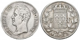Francia. Charles X. 5 francos. 1826. Perpignan. Q. (Km-720.11). (Gad-643). Ag. 24,71 g. Pequeño defecto de acuñación en reverso. MBC+. Est...70,00.