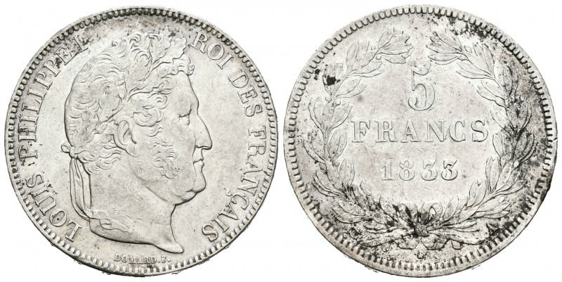 Francia. Louis Philippe I. 5 francos. 1833. París. A. (Km-749.1). Ag. 24,87 g. L...