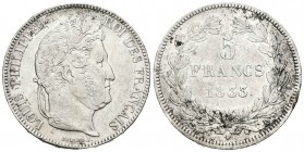Francia. Louis Philippe I. 5 francos. 1833. París. A. (Km-749.1). Ag. 24,87 g. Leves oxidaciones. MBC+. Est...35,00.
